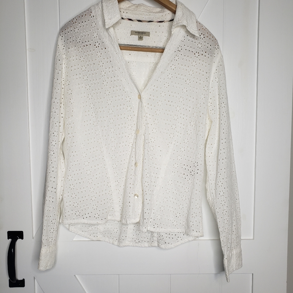 Burberry London white cotton eyelet button down